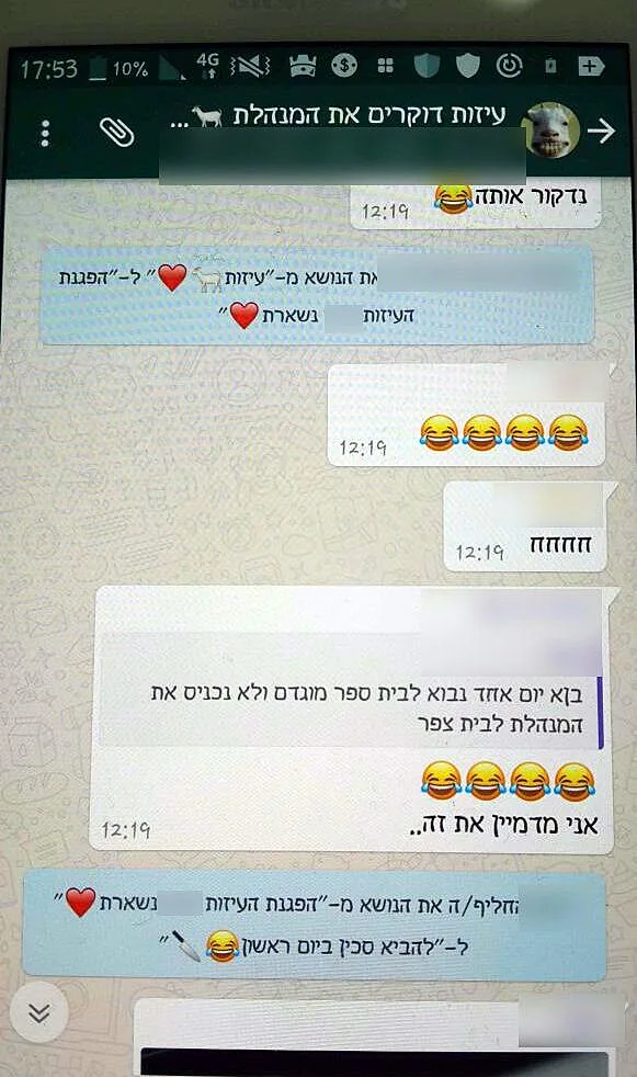 התכתבות התלמידים בתוך קבוצת הווטסאפ
