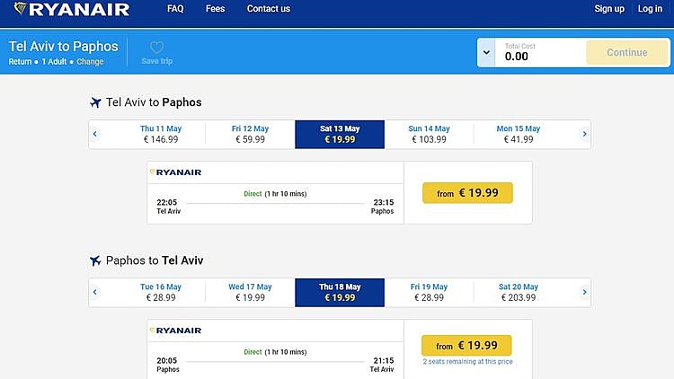 פאפוס ב- 20 יורו לכיוון. צילום מסך מאתר ריינאייר