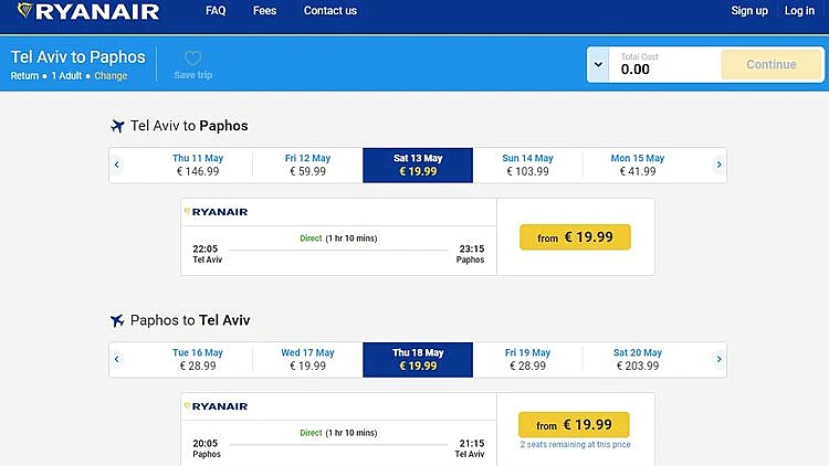 פאפוס ב- 20 יורו לכיוון. צילום מסך מאתר ריינאייר