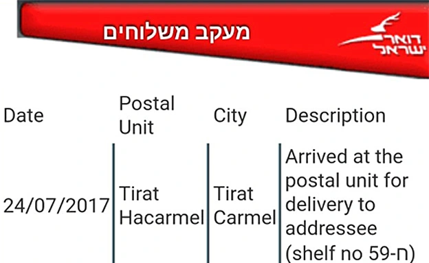 מעקב המשלוח של החבילה שהגיע לדואר בטירת הכרמל
