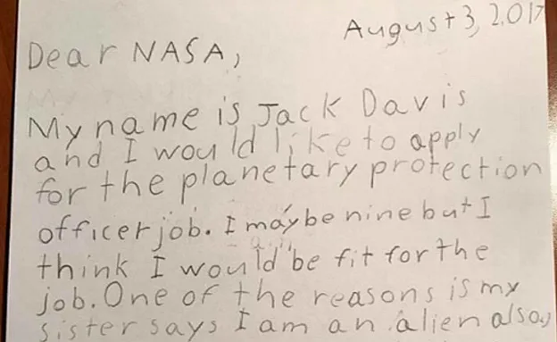 קטע מהמכתב ששלח הילד בן ה-9 (NASA)