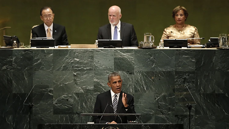 נשיא ארצות הברית ברק אובמה נואם בעצרת הכללית של האו"ם