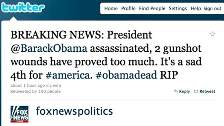 הודעה בטוויטר של רשת פוקס ניוז על מותו של אובמה