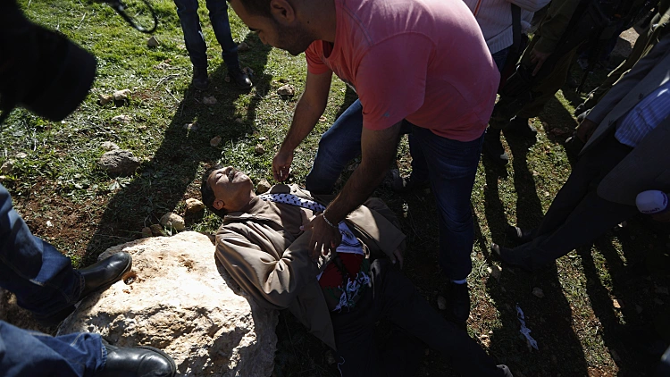 השר הפלסטיני זיאד אבו עין במהלך הפגנה ליד רמאללה, לאחריה מת