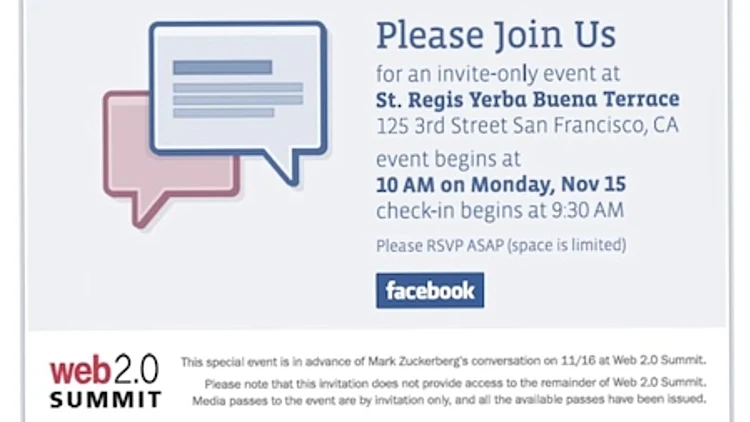 ההזמנה לאירוע המקדים של פייסבוק לקראת web 2.0 summit 2010