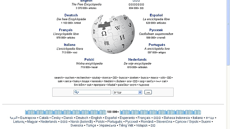 השער הראשי של וויקיפדיה העולמית עם הפניות לכל האנציקלופדיות בכל השפות