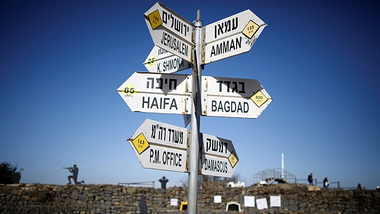 A Signpost Pointing Out Distances To Different Cities Is Seen On Mount Bental, An Observation Post In The Israeli Occupied Golan Heights That Overlooks The Syrian Side Of The Quneitra Crossing, Israel