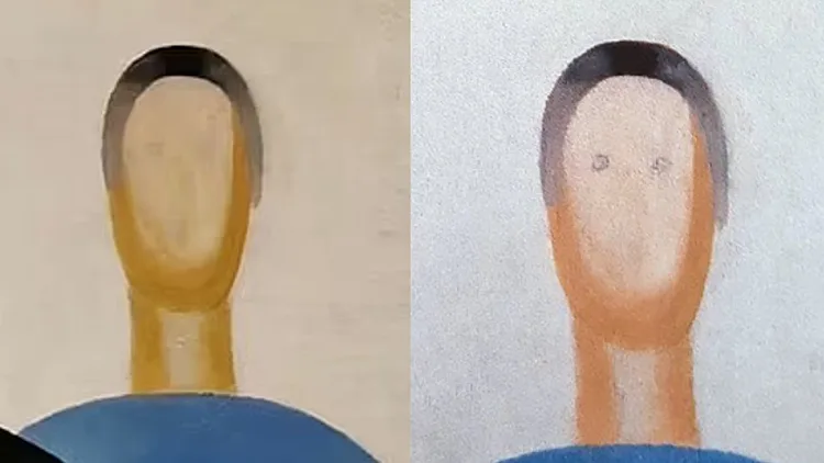 ציורה של אנה לפורסקיה לפני ואחרי שצוירו עליו עיניים