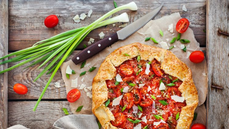 Delicious,homemade,rustic,open,pie,(galette),with,tomato,,cheese,and