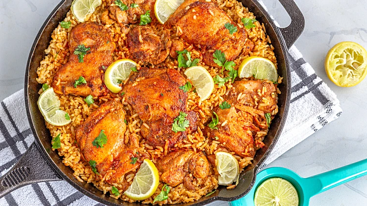 Spanish,chicken,and,rice,in,a,skillet,directly,above,horizontal