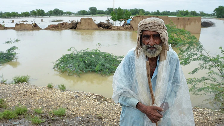 איש מכוסה ביריעת פלסטיק כדי להגן על עצמו הגשם בפקיסטן