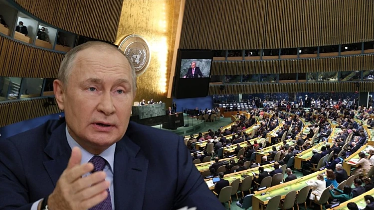 הנשיא הרוסי ולדימיר פוטין על רקע העצרת הכללית של האו"ם