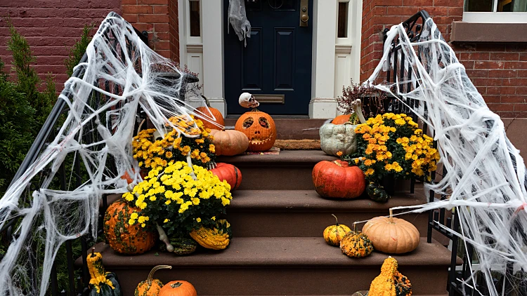Halloween,decorations,with,colorful,pumpkins,and,flowers,on,the,stairs