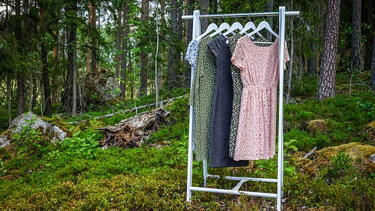 Clothes,hanger,with,dresses,in,the,woods.,concept,for,organic
