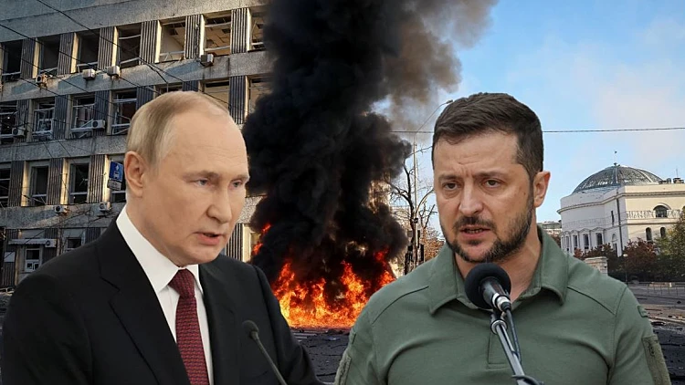 נשיא אוקראינה זלנסקי ונשיא רוסיה פוטין על רקע קייב הבוערת