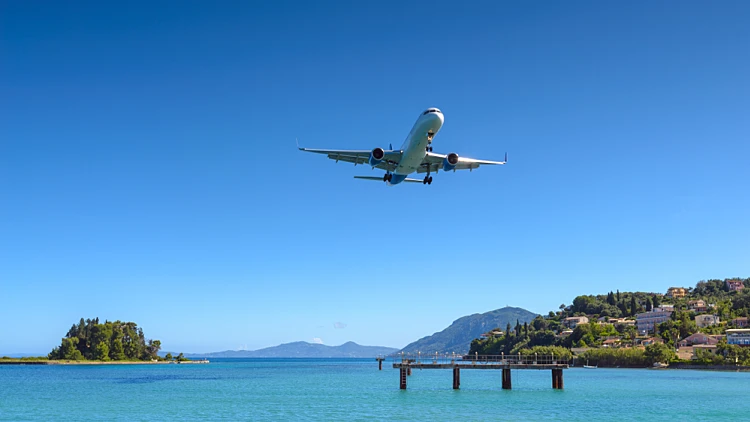 Aircraft,approaching,corfu,international,airport.,corfu,island,,greece.