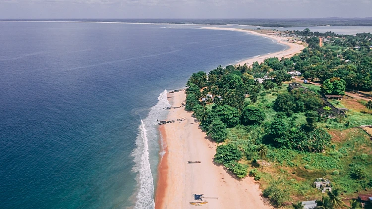 An,aerial,landscape,view,of,the,seaside,in,robertsport,,liberia,