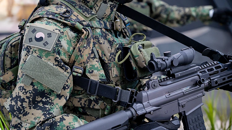 Close Up,of,soldier,wearing,military,uniform,with,korean,flag