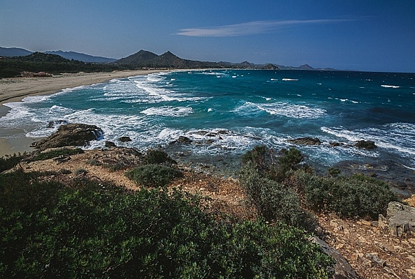 Cala Sinzias Beach With Rough Sea, Surroundings Of Castiadas, Sardinia, Italy.