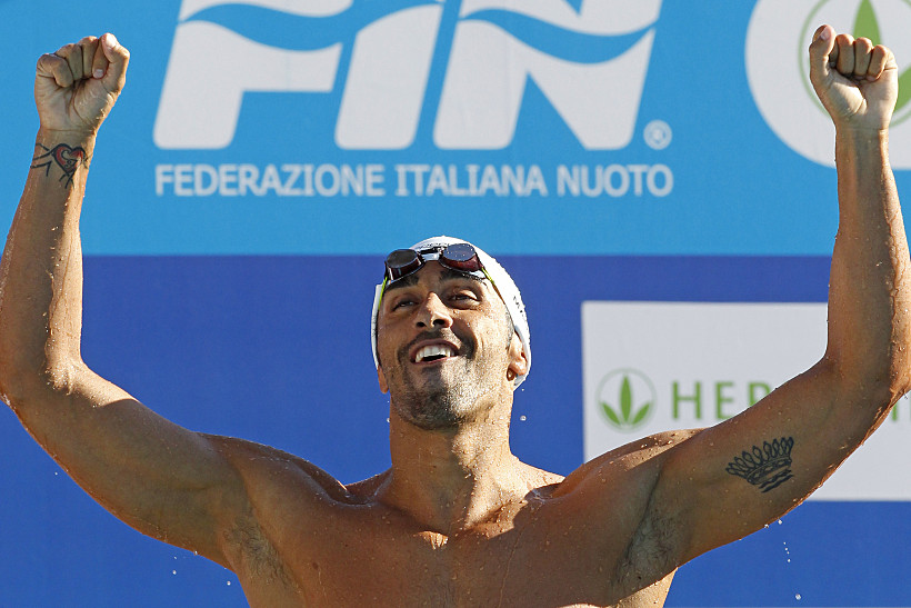 Italy's Filippo Magnini Reacts After Winning The Men's 200m Freestyle Final At The 49th International Swimming Sette Colli Trophy In Rome