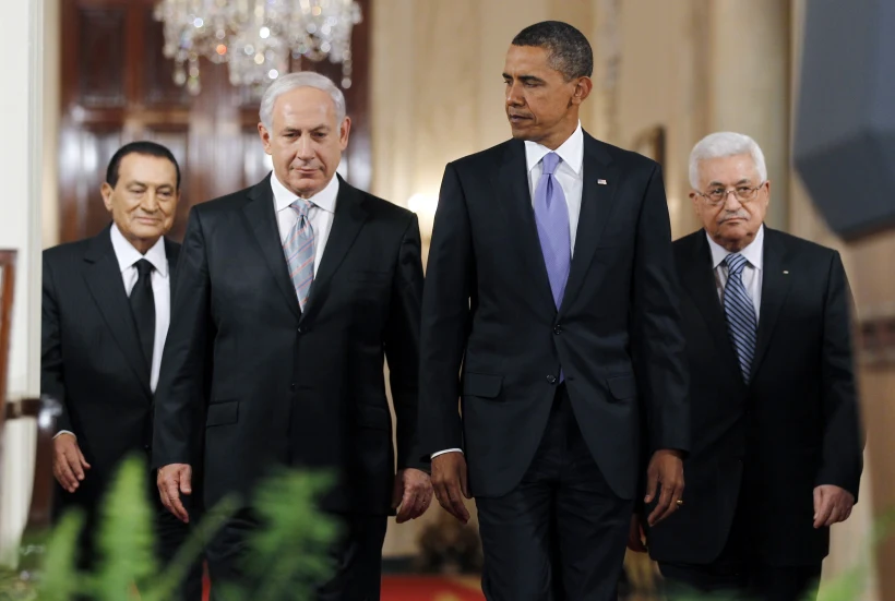 אובמה, נתניהו, מובארכ ואבו מאזן בבית הלבן בוושינגטון לקראת השיחות הישירות