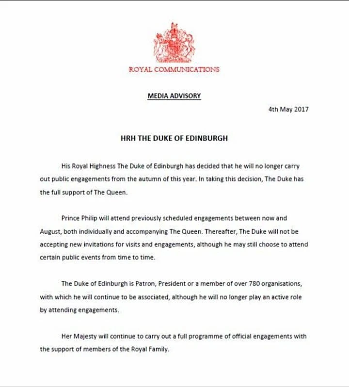 הודעת הפרישה של הנסיף פיליפ מבית המלוכה הבריטי