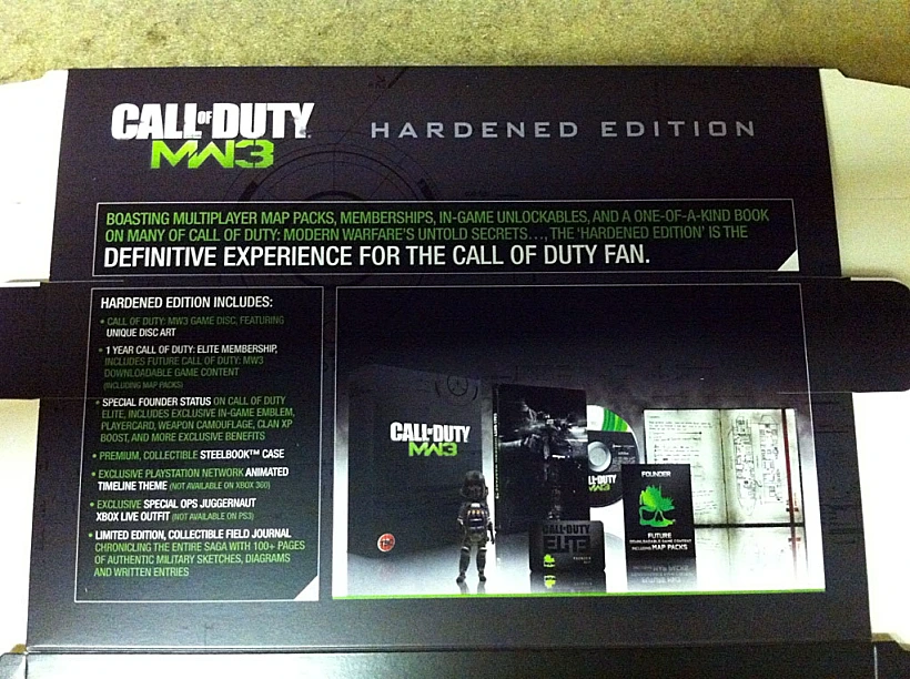 הצד האחורי של גרסת האספנים של Call of Duty: Modern Warfare 3 - Hardend Edition, שהודלפה