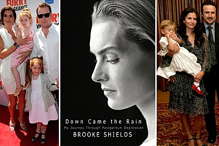 מימין: קורטני קוקס ומשפחתה, הספר של ברוק שילדס על הנושא ו ברוק שילדס עם משפחתה