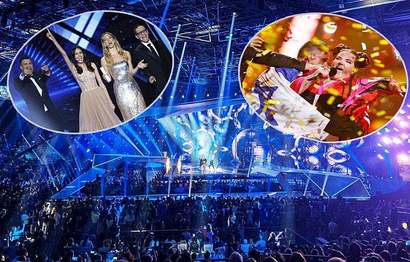 נטע ברזילי ומנחי אירוויזיון 2019 על רקע אולם המופעים בו נערך