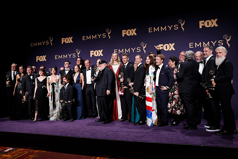 71st Primetime Emmy Awards Photo Room  Los Angeles, California, U.s., September 22, 2019 George R.r. Martin (c) And The Cast And Crew Of Game Of Thrones Poses Backstage With Their Award For Outstanding Drama Series