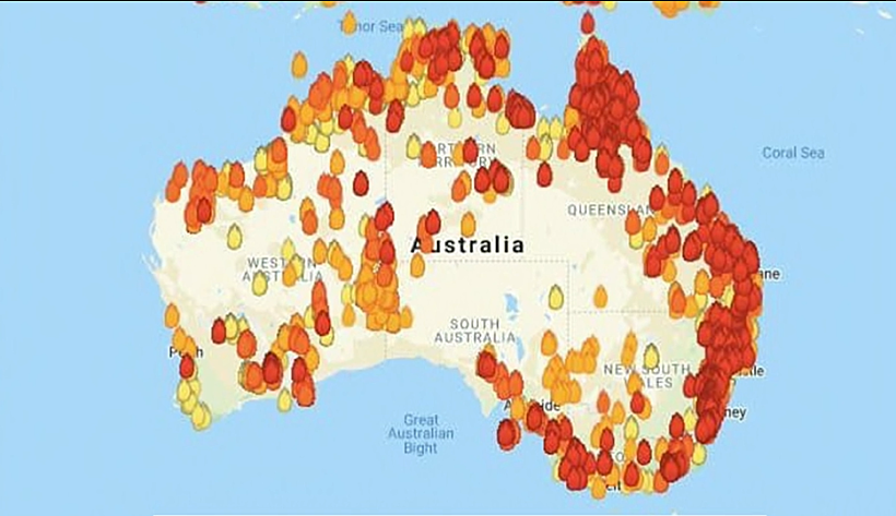 מפת שריפות באוסטרליה