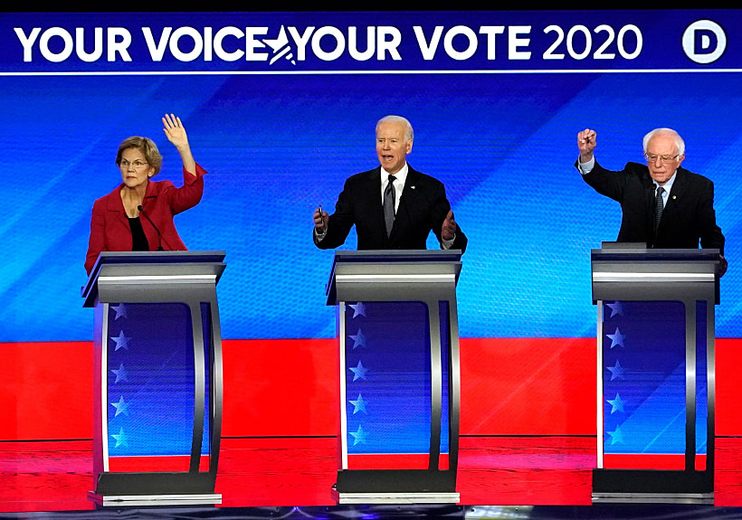 Senator Elizabeth Warren, Former Vice President Joe Biden And Senator Bernie Sanders Debate At The Democratic 2020 U.s. Presidential Candidates Debate In Manchester