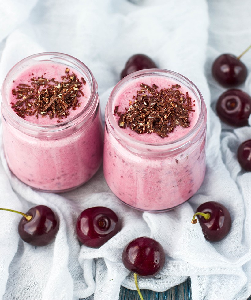 Smoothie,with,cherries,,chocolate,and,nuts.,selective,focus