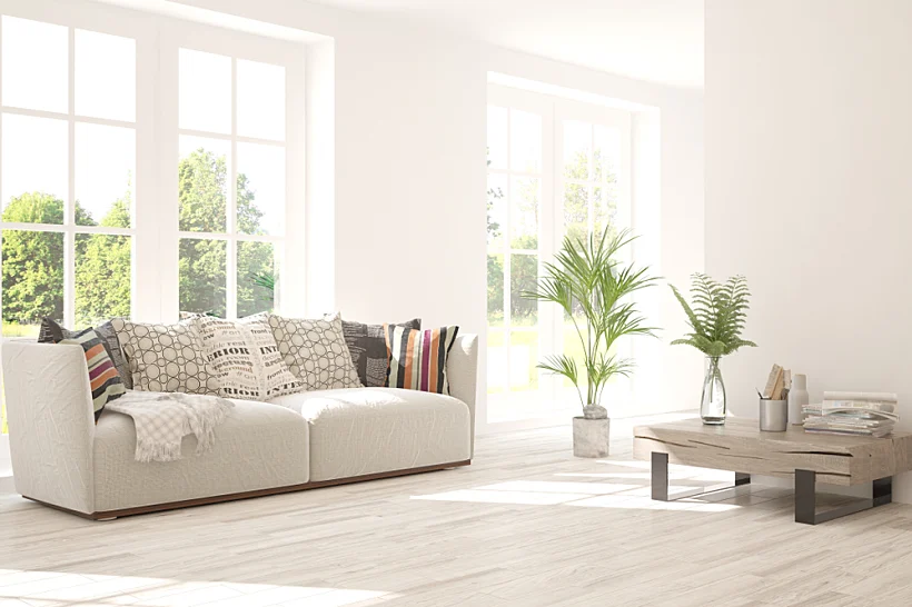 Stylish,room,in,white,color,with,sofa,and,summer,landscape
