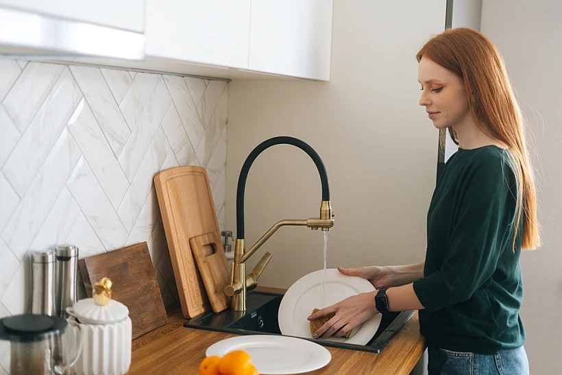 Medium,shot,of,attractive,redhead,young,woman,washing,dishes,in
