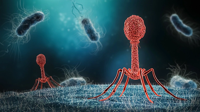 Phage,infecting,bacterium,close Up,3d,rendering,illustration.,microbiology,,medical,,bacteriology,