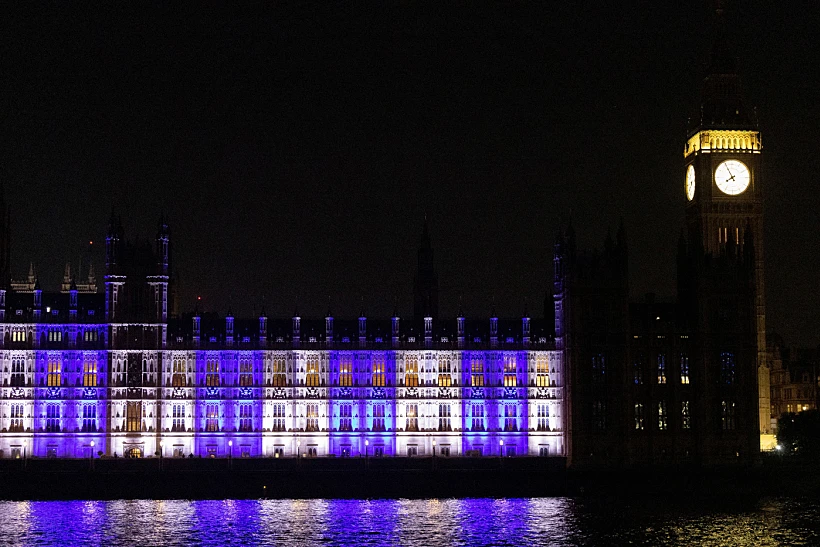 House Of Commons Illuminated In The Colours Of The Flag Of Israel, In London