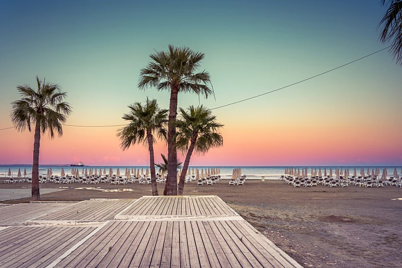 Palm,trees,and,sunbeds,at,the,sandy,beach,of,larnaca,