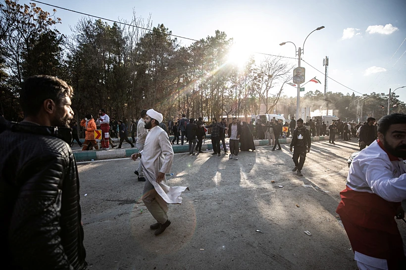 זירת הפיצוץ בטקס לציון יום מותו של קאסם סולימאני, בעיר כרמאן שבדרום-מזרח איראן