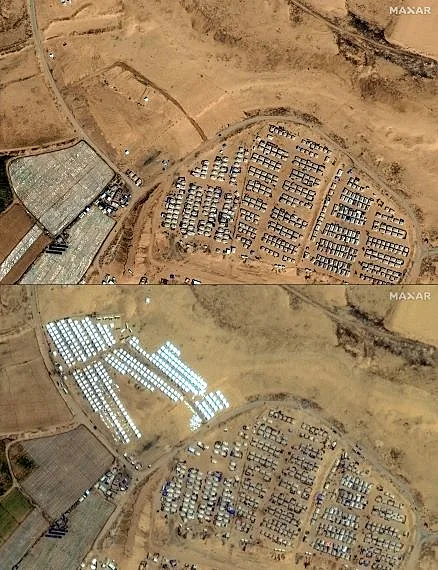 בתמונה העליונה: צילום לווין של שטח סמוך לרפיח. בתחתונה: מחנה אוהלים - באותו השטח