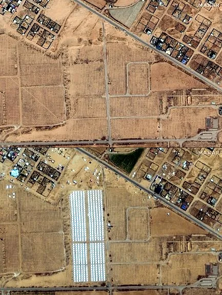 בתמונה העליונה: צילום לווין של שטח סמוך לרפיח. בתחתונה: מחנה אוהלים - באותו השטח