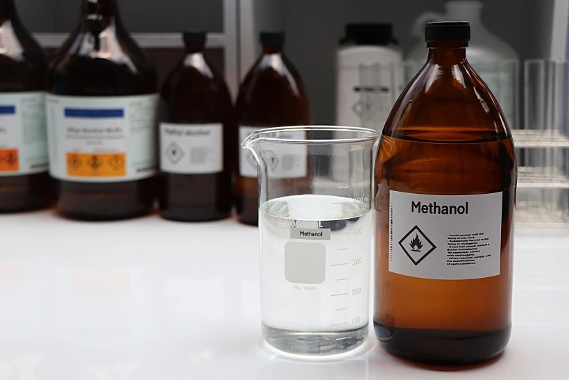 Methanol,in,glass,hazardous,chemicals,and,symbols,on,containers,in,industry