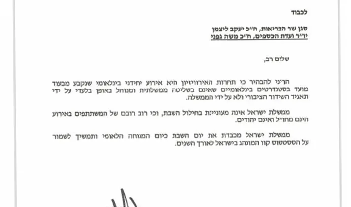 מכתבו של ראש הממשלה בנימין נתניהו בנושא אירוע האירויזיון
