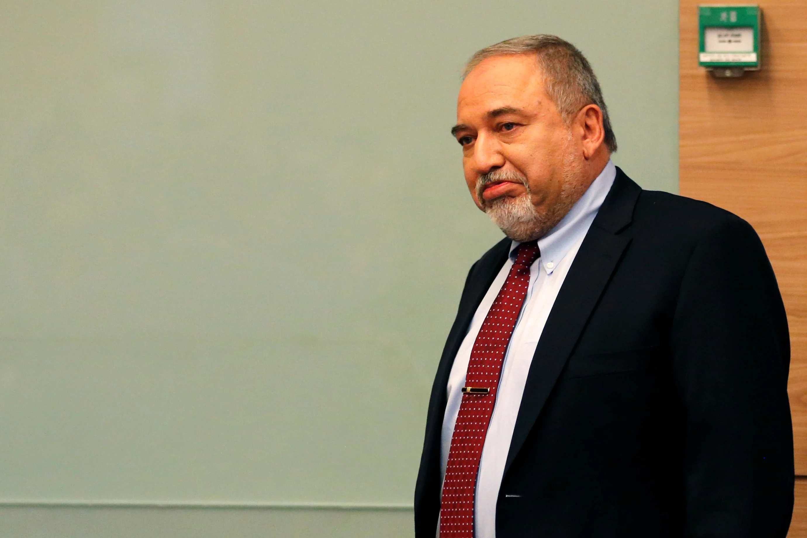 Israel's Defence Minister Avigdor Lieberman Arrives To Delivers A Statement To The Media Following His Party, Yisrael Beitenu, Faction Meeting At The Knesset, Israel's Parliament, In Jerusalem