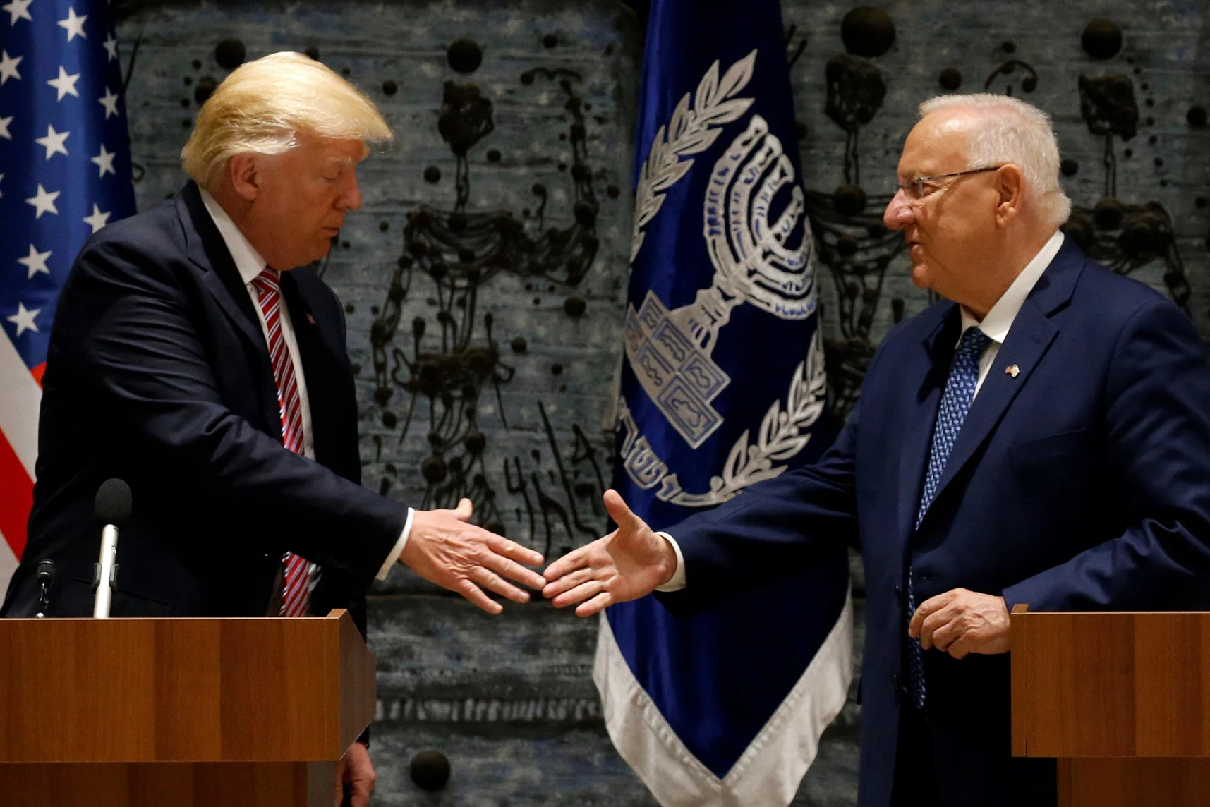 Trump And Rivlin Shake Hands After Delivering Remarks At Rivlin's Residence In Jerusalem