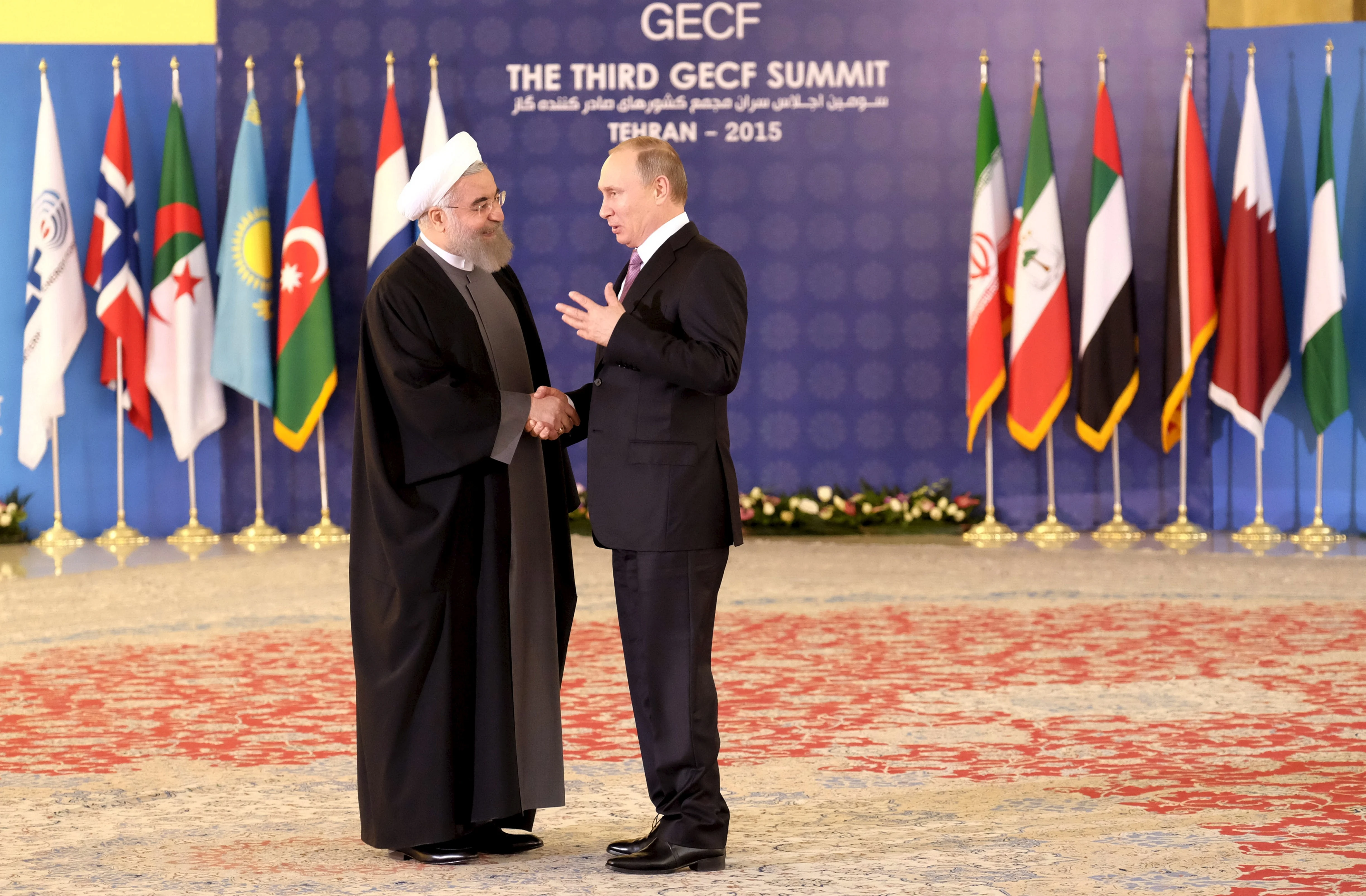 נשיא רוסיה ולדימיר פוטין ונשיא איראן חסן רוחאני בפגישה בטהרן