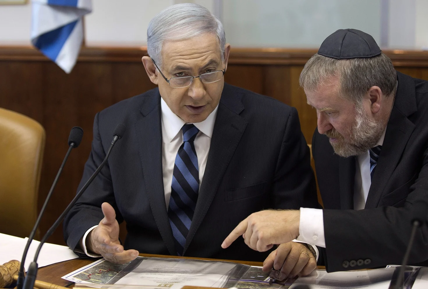 Israel's Prime Minister Netanyahu Speaks With Cabinet Secretary Mandelblit During The Weekly Cabinet Meeting In Jerusalem