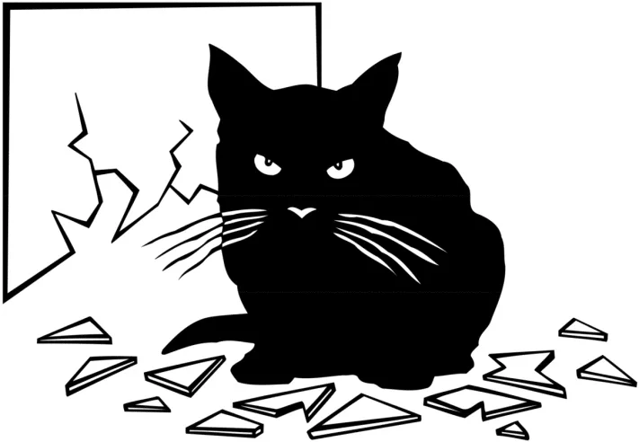 איור חתול שחור ליד זכוכית שבורה
