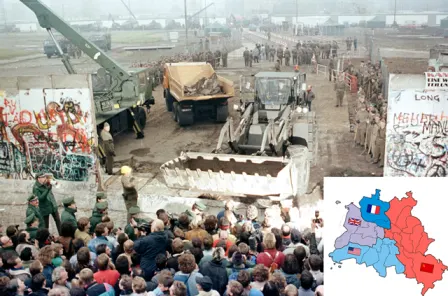 הפלת חומת ברלין בידי הכוחות הסובייטים, ומפת חלוקת ברלין, 1989