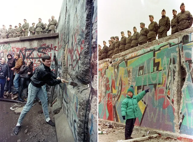 גבר מכה בפטיש בחומת ברלין לעיני החיילים, וילדה מצביעה על פרצה בחומה
